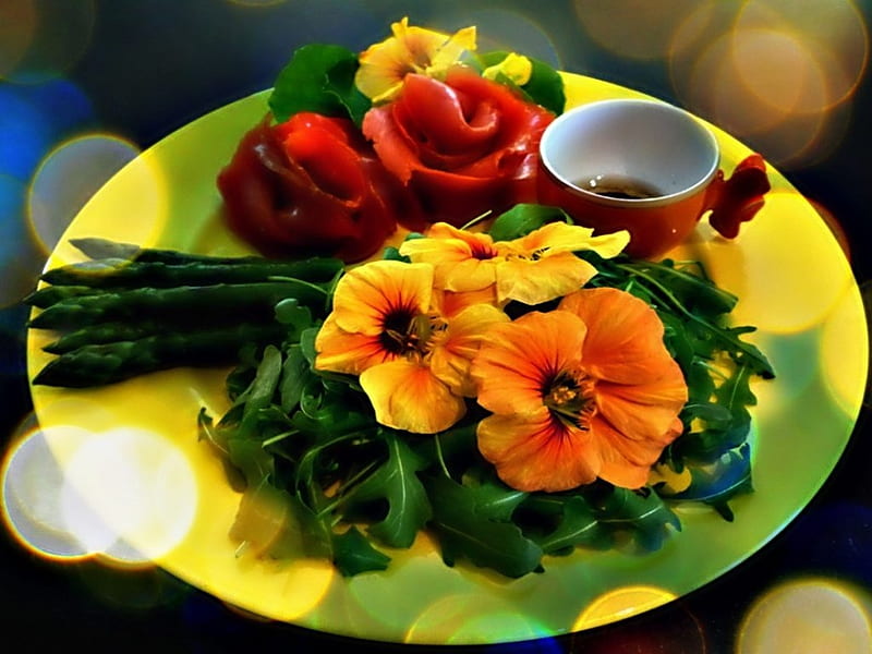 Still Life, dinner, food, eats, flowers, plates, desserts, HD wallpaper