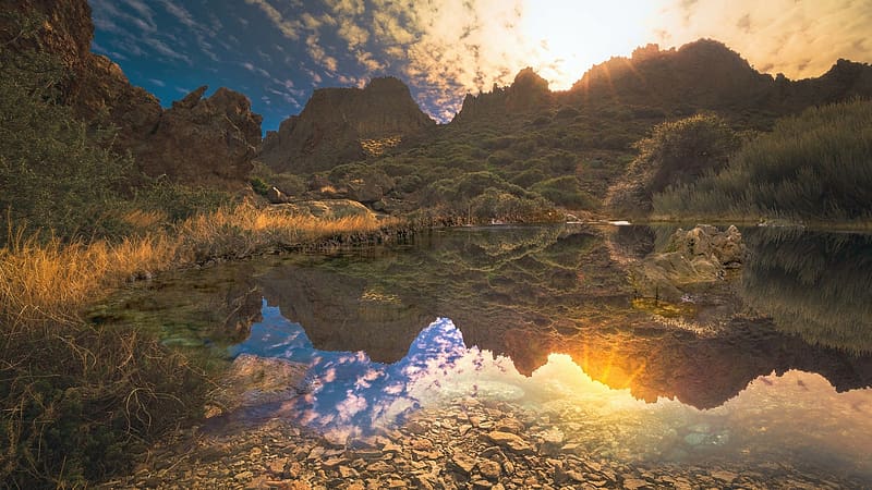 Sunset at Tenerife, Canary Islands, Spain, pond, island, landscape, trees, sun, rocks, HD wallpaper