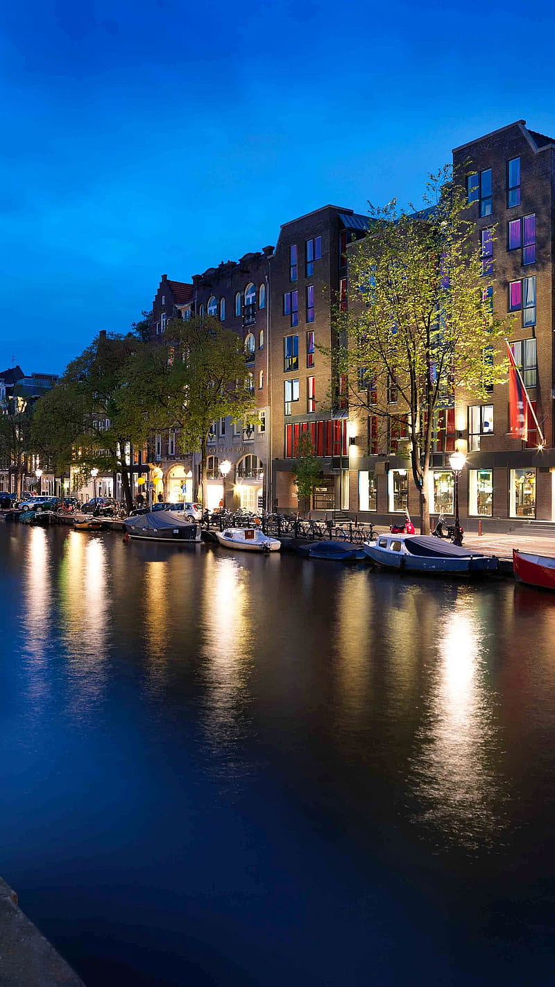 Amsterdam Evening, boats, canal, sidewalk, waterway, HD phone wallpaper