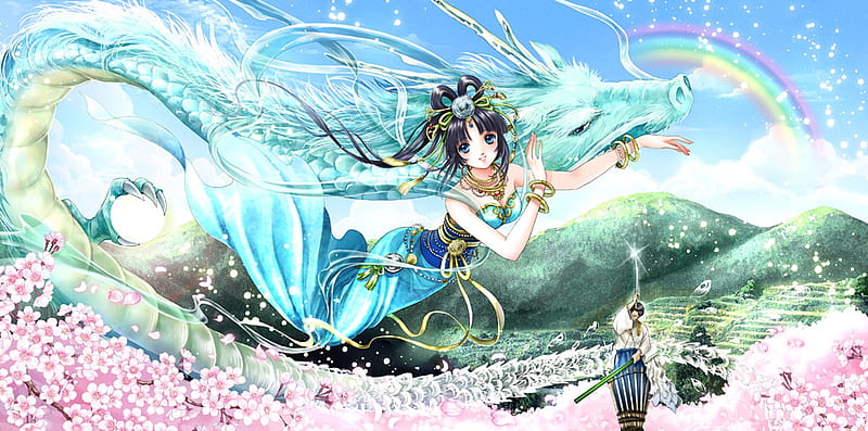 Mermaid, manga, shiitake, vara, fantasy, green, girl, anime, summer, siren, pink, blue, HD wallpaper