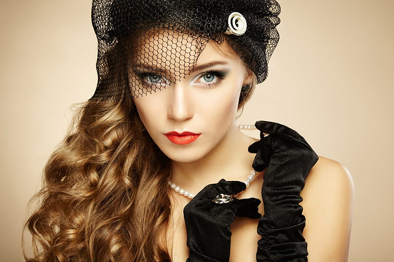 Classic Lady, jewelry, hair, hands, gloves, girl, beauty, pearls, fashion, eyes, style, HD wallpaper