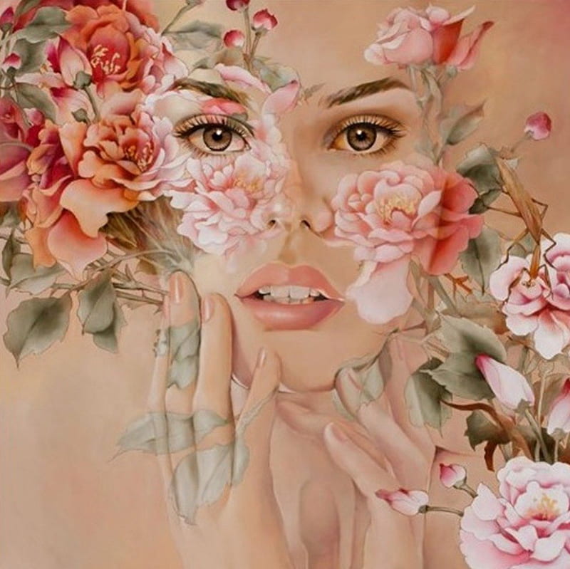 in full bloom, painted, flowers, bonito, girl, HD wallpaper