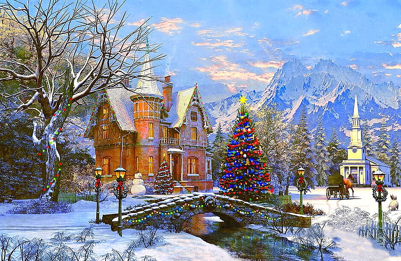 Winter landscape, pretty, chateau, colorful, christmas, colors, church, mountain, tree, bridge, painting, nature, castle, outdoor, landscape, HD wallpaper
