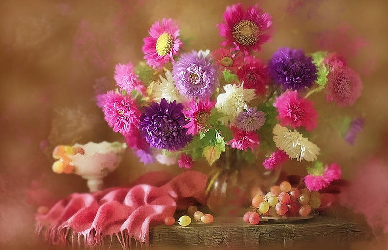 still life, pretty, autumn, chrysanthemum, fruits, bonito, gently, grapes, graphy, nice, jug, flowers, beauty, pink, harmony, amazing, lovely, colors, soft, delicate, elegantly, cool, bouquet, cup, flower, scarf, great, HD wallpaper