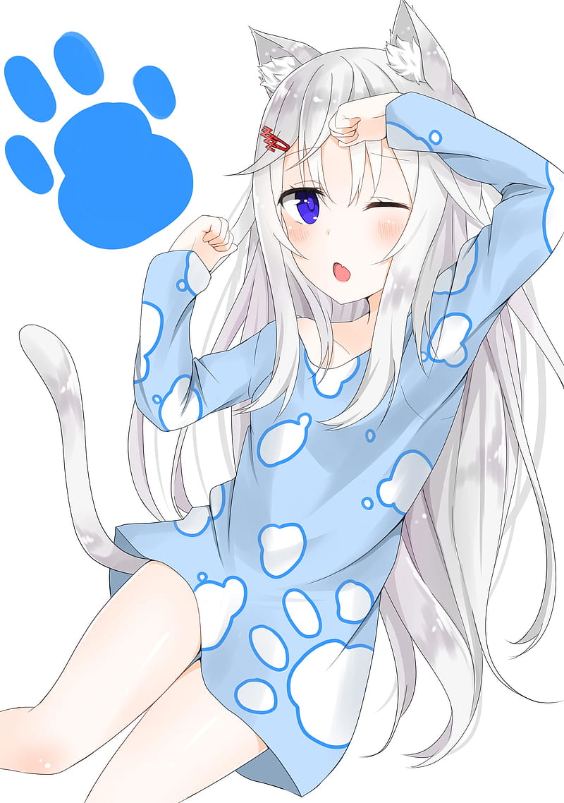 white background, pyjamas, animal ears, tail, nekomimi, white hair, blue eyes, chibi, HD phone wallpaper