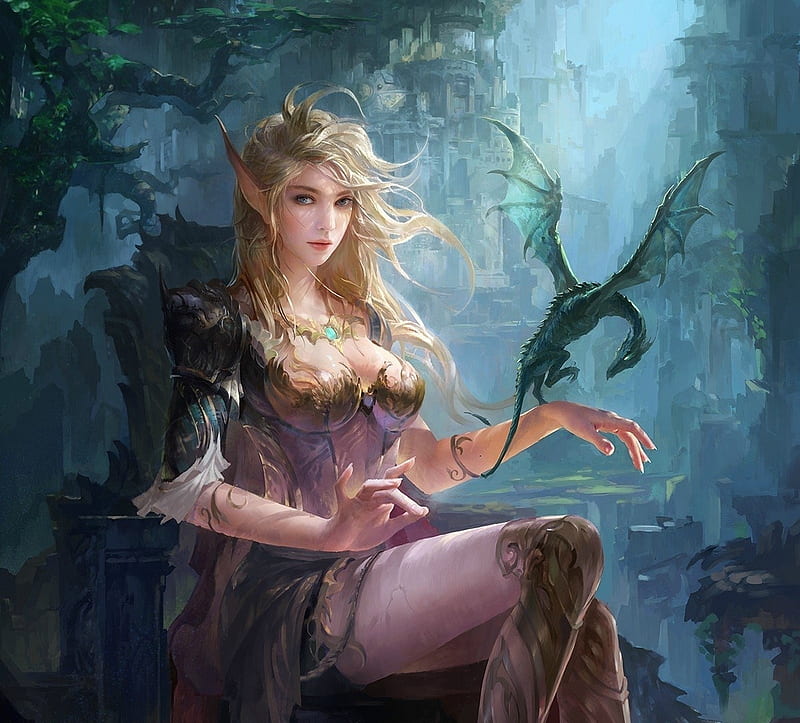 Elf girl with dragon, luminos, elf, blonde, dragon, fantasy, girl, hand, david zhou, pink, blue, HD wallpaper
