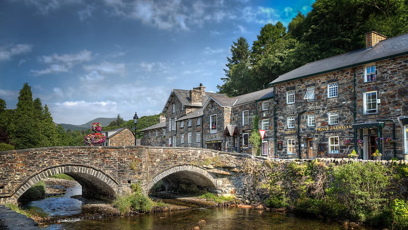 beautiful town in north west wales, river, bridge, stores, town, HD wallpaper