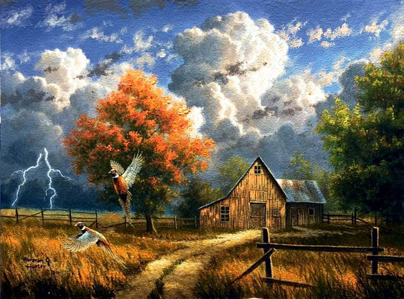 Upcoming Thunderstorm, autumn, pheasant, clouds, artwork, barn, lightning, painting, path, fields, HD wallpaper