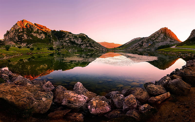 Lake Enol, mountain lake, sunset, evening, glacier lake, mountains, Asturias, Spain, HD wallpaper