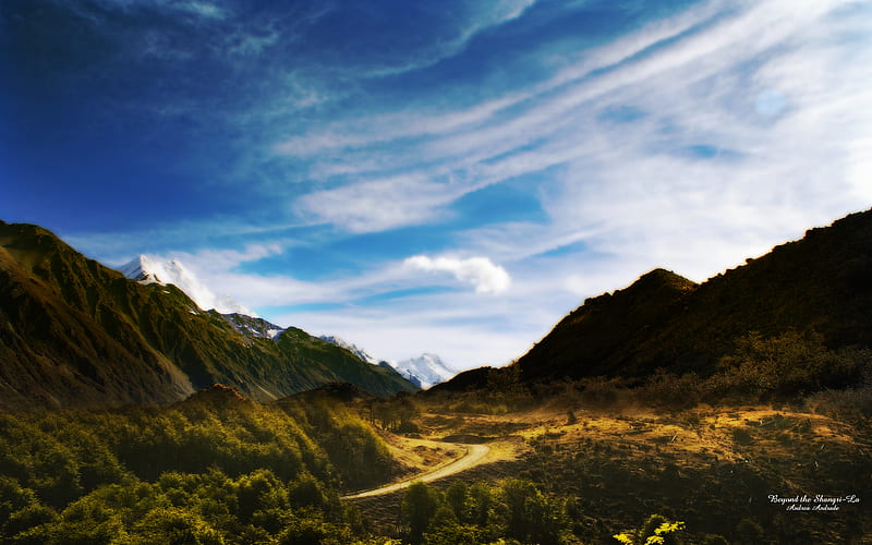 Beyond the Shangri-la, blue sky, road, shangri-la, mountains, HD wallpaper