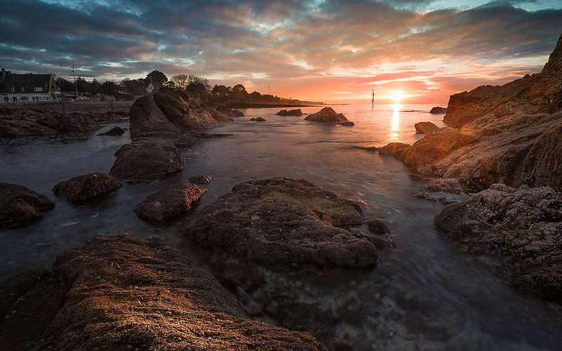 Brittany, evening, sunset, Celtic sea, Atlantic ocean, coast, summer, bay, France, HD wallpaper