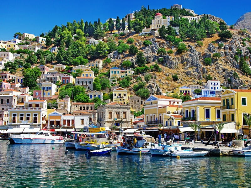 Symi island, mountain, boats, houses, nature, island, sea, HD wallpaper