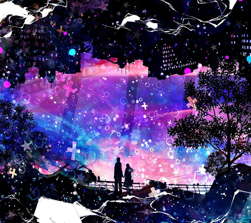 Lovely couple in a lovely place, purple, anime, pink, couple, blue, HD wallpaper Lovely couple in a lovely place, purple, anime, pink, couple, blue, HD wallpaper