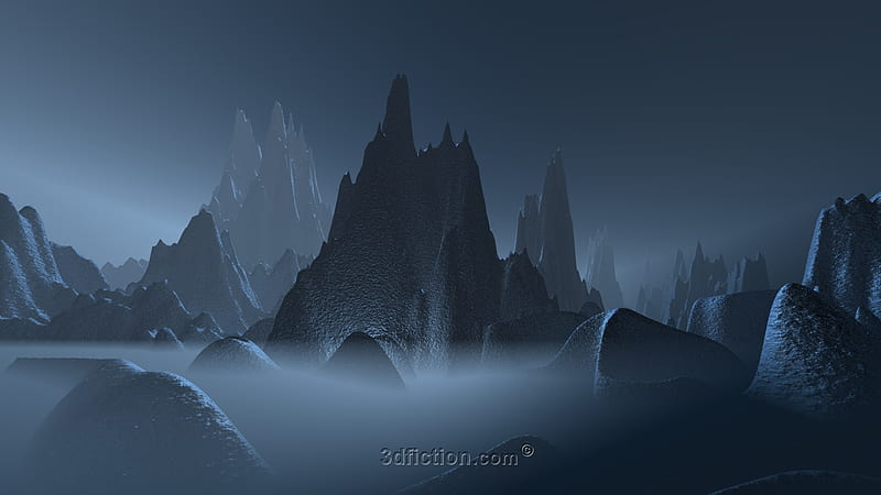 ural valley, art, 3d, cg, mountains, abstract, night, valley, mist, HD wallpaper