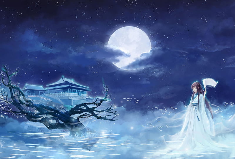 Moon full night, stars, houses, kimono, lake, mist, girl, nigth, full moon, anime, HD wallpaper