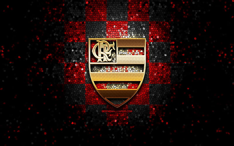 Flamengo FC, glitter logo, Serie A, red black checkered background, soccer, CR Flamengo, brazilian football club, Flamengo logo, mosaic art, football, Brazil, Flamengo RJ, HD wallpaper