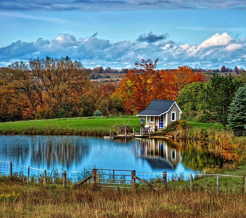 Beautiful Landscape, autumn, cottage, forest, house, lake, lakeside, nature, HD wallpaper