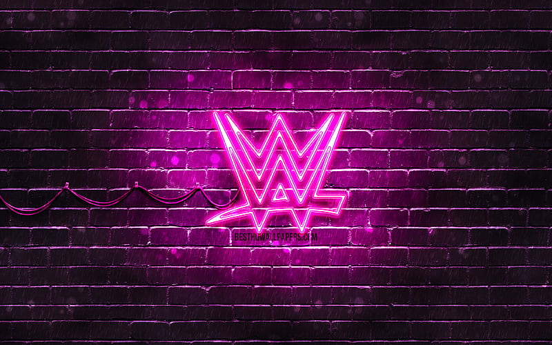 WWE purple logo, purple brickwall, World Wrestling Entertainment, WWE logo, brands, WWE neon logo, WWE, HD wallpaper