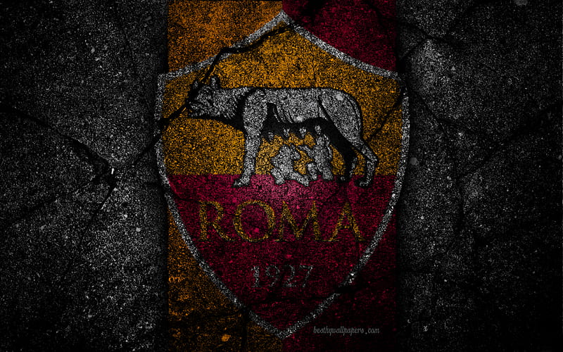 AS Roma, logo, art, Serie A, soccer, Roma, football club, asphalt texture, HD wallpaper