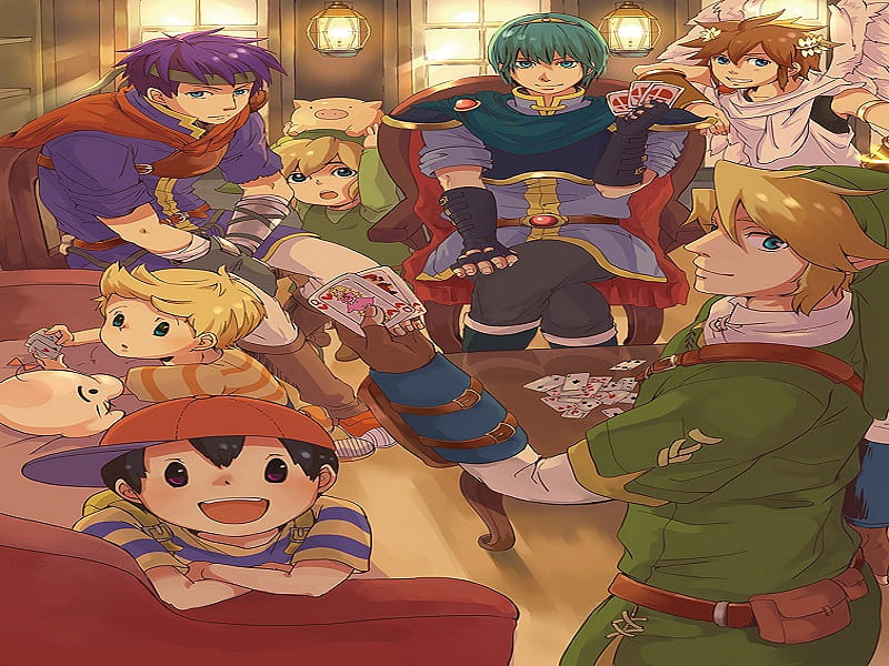 card players, toon link, videogame, link, marth, ike, lucas, cards, pit, ness, HD wallpaper