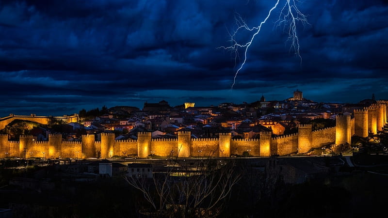 lightning over toledo spain, city, lightning, storm, wall, night, HD wallpaper