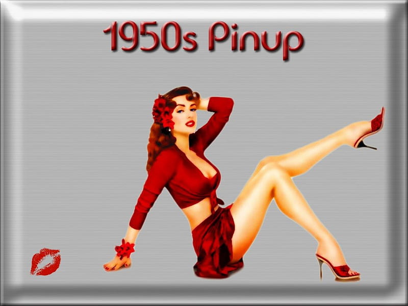 1950s Pinup, legs, redhead, red head, red hair, woman, silver, kiss, women, girl, lady, 1950, pinup, vintage, HD wallpaper