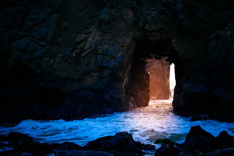 cave, rock, light, water, stones, HD wallpaper