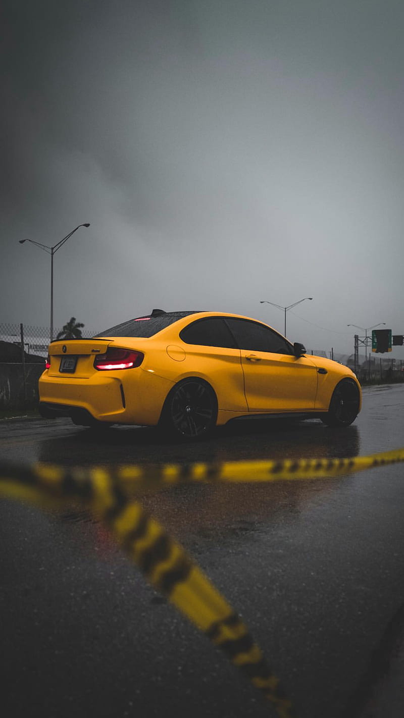 BMW M2, auto, bmw, car, coupe, f87, m power, m2, rain, vehicle, yellow, HD phone wallpaper