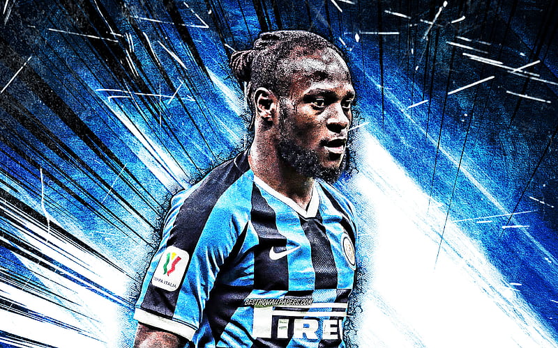 Victor Moses, grunge art, Internazionale, Nigerian footballers, Italy, Serie A, Moses, blue abstract rays, Inter Milan FC, soccer, football, Victor Moses Internazionale, Victor Moses, HD wallpaper