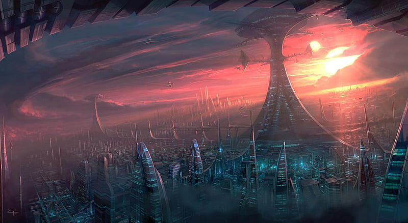 alien city, buildinds, sun, clouds, lights, HD wallpaper