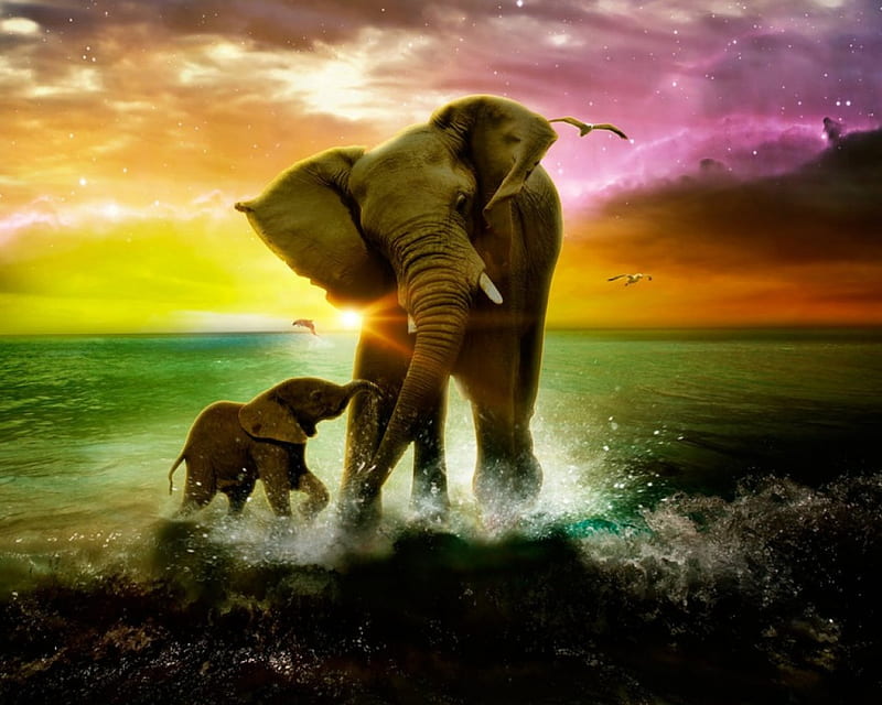 Elephants by the Shore, beach, shore, elephants, colors, mother, sky, baby, HD wallpaper
