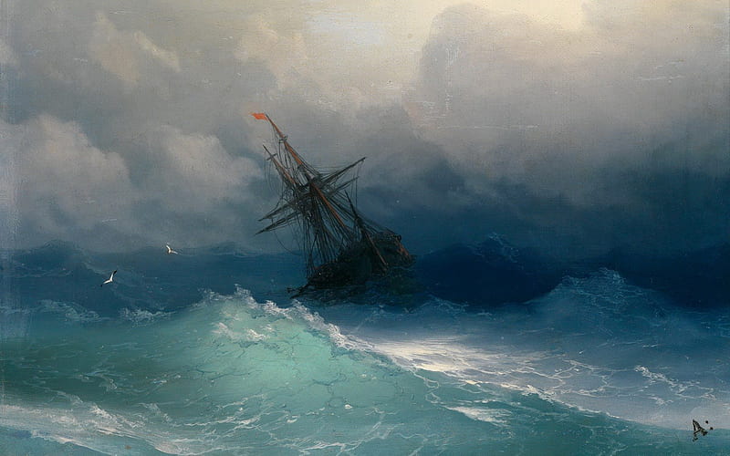 Storm, boat, paint, ship, HD wallpaper