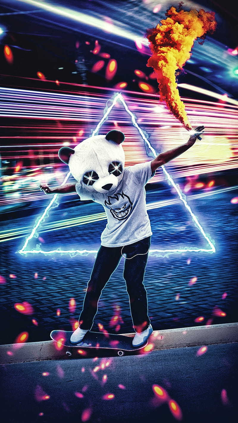 Panda Neon Skate , art, lights, HD phone wallpaper