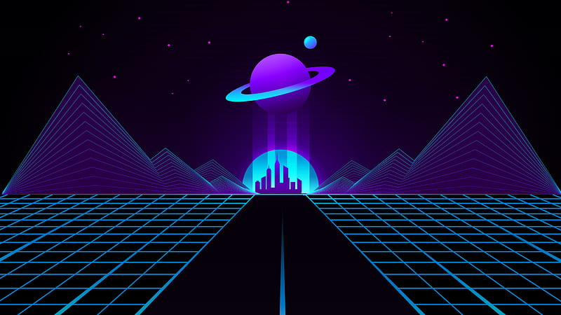 City With Retrowave Illustration With Background Of Sky And Stars