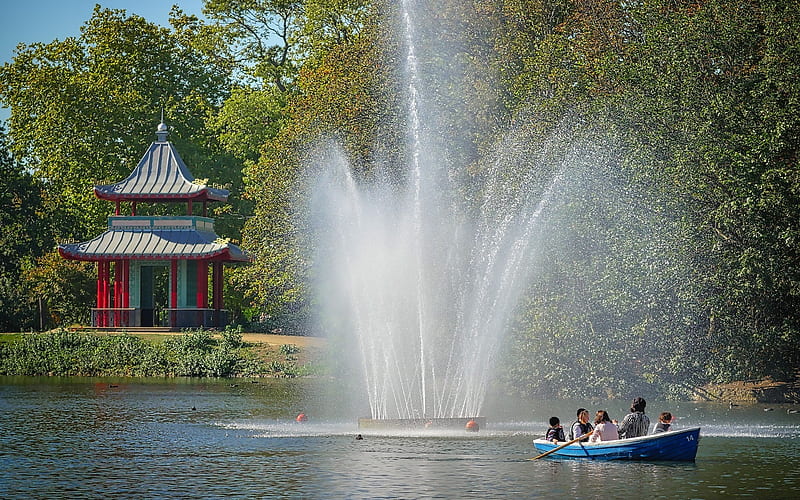 Fountain in Park, rowboat, fountain, park, gazebo, pond, HD wallpaper