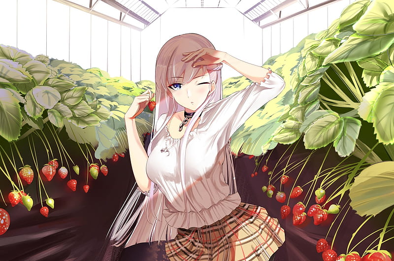 belfast, azur lane, wink, strawberries, greenhouse, necklace, Anime, HD wallpaper