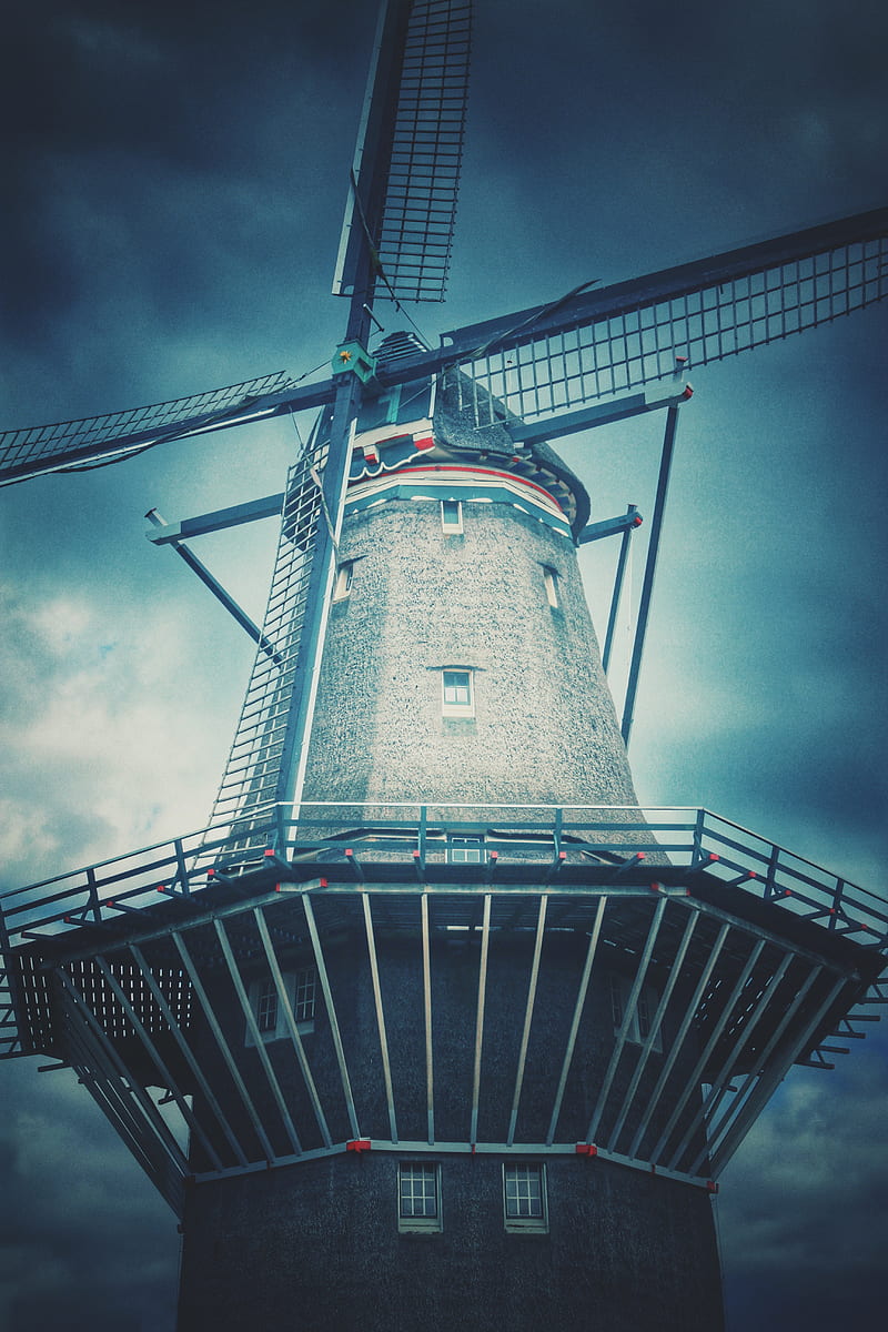 windmill, clouds, building, vertical, cyan, HD phone wallpaper