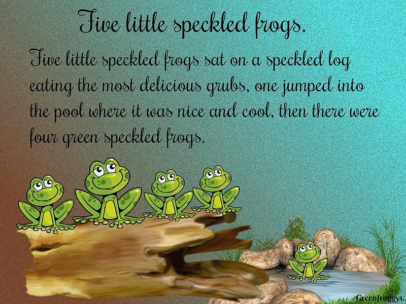 FIVE LITTLE SPECKLED FROGS, RHYMES, COMMENT, CARD, NURSERY, HD wallpaper