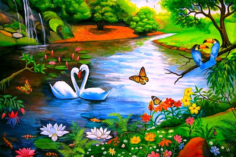 Springtime at the Pond, plants, birds, flowers, nature, butterflies, swans, artwork, HD wallpaper