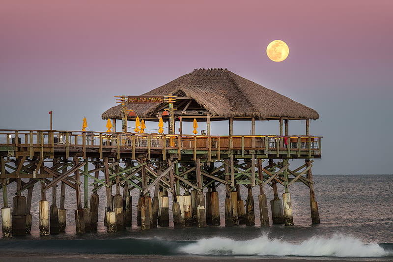 moon, night, pier, cocoa beach, florida, usa, HD wallpaper