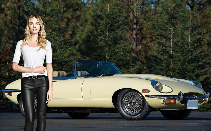 Candice Swanepoel with a E Type Jaguar, blonde, jaguar, model, car, HD wallpaper