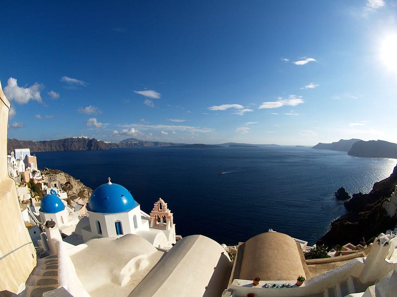 Santorini, Greece, greece, oia, view, santorini, white, church, sea, blue, HD wallpaper