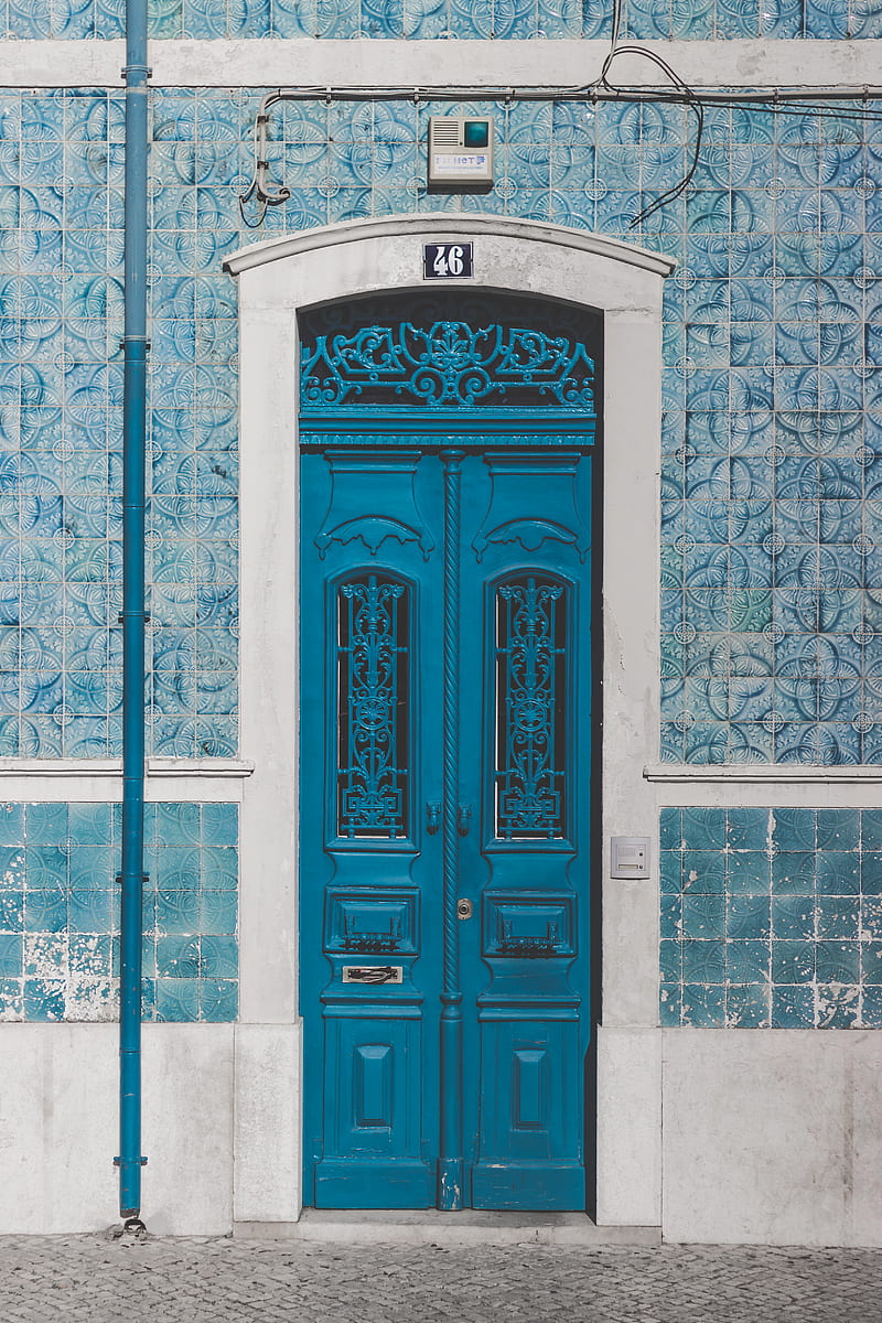 blue wooden door closed with 46 sign, HD phone wallpaper