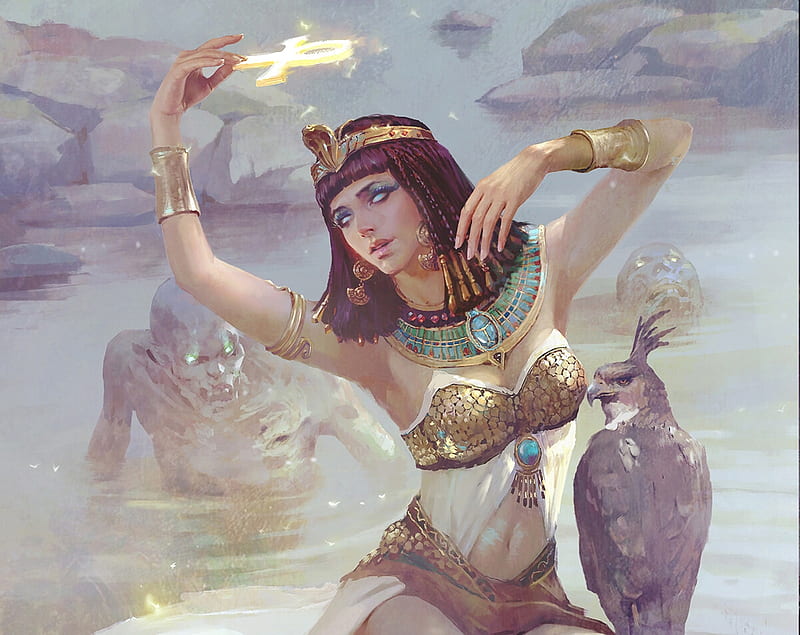 Egyptian Queen, art, song nan li, luminos, queen, fantasy, girl, bird, pasari, jewel, hawk, egypt, HD wallpaper