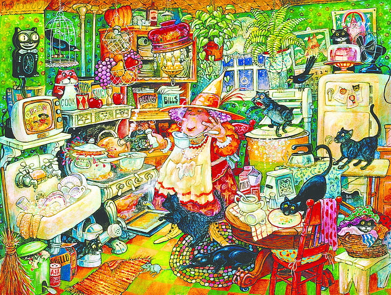 Witches Kitchen, humor, funnt, cats, witches, black, kitchen, HD wallpaper