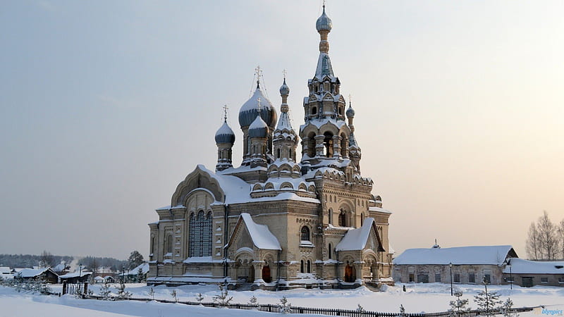impressive orthodox church in winter, village, towers, chorch, winter, HD wallpaper