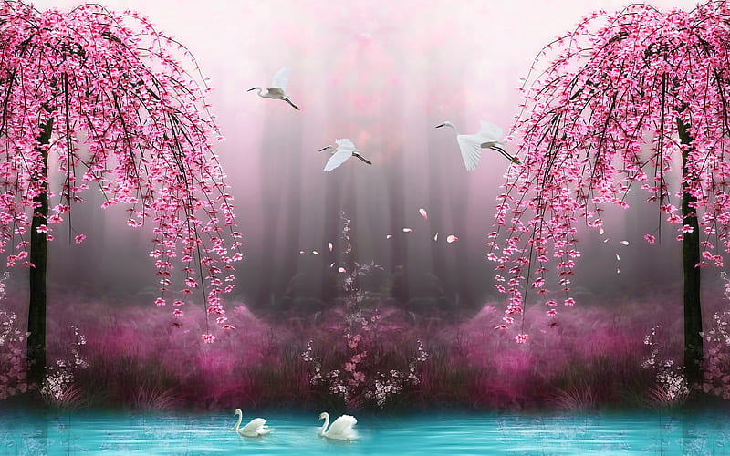 Sakura garden, cranes, paradise, garden, trees, blooming, swans, sakura, spring, pond, flying, HD wallpaper