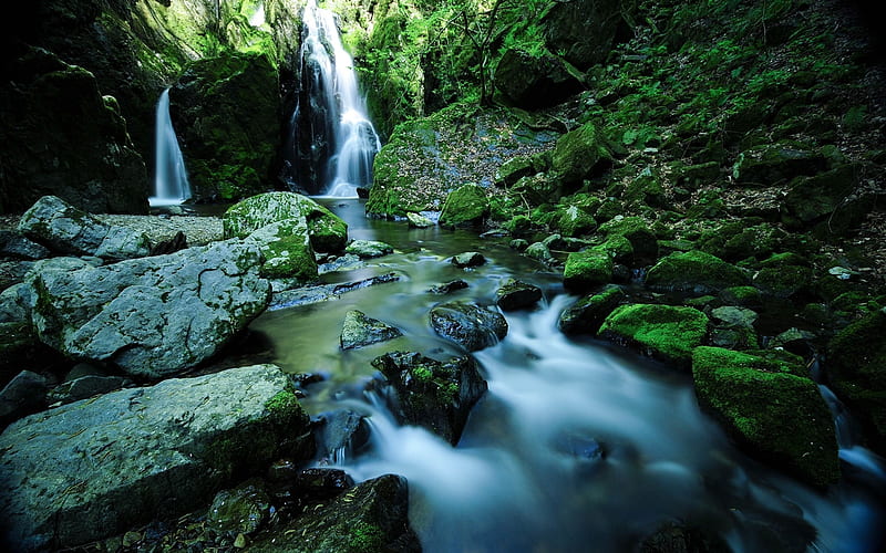 Waterfall stones moss water-Scenery, HD wallpaper