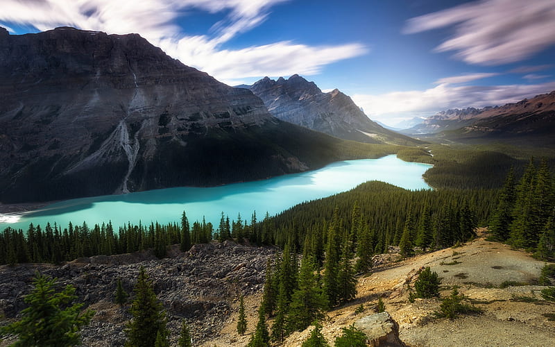 mountain lake, Canada, forest, glacial lake, mountains, HD wallpaper