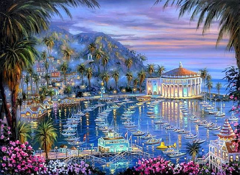 ★Avalon Bay★, getaways, bungalow, sailing, attractions in dreams, seasons, modern, yachts, resorts, deluxe class, paintings, boats, Catalina Island, luxury, islands, love four seasons, places, creative pre-made, spring, Avalon Bay, seashore, beaches, mountains, summer, grandly, HD wallpaper